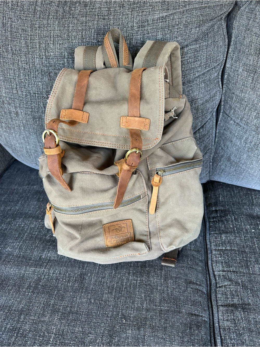 Canvas Backpack with Leather Trim - Khaki Brown